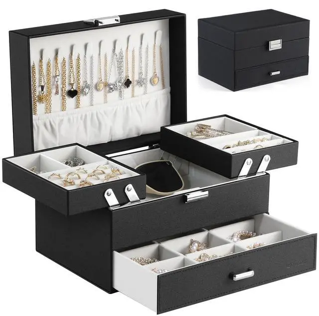 Main image of Dajasan Jewelry Organizer Box, Large Jewelry Boxes for Women Girls, Space-Saving 3 Layers Jewelry Storage Case with Drawer, Movable Metal Stand, Modern, Gift Idea (Black)