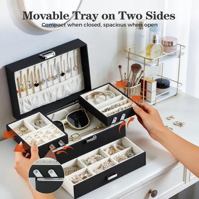 Alt view image 2 of 7 - Dajasan Jewelry Organizer Box, Large Jewelry Boxes for Women Girls, Space-Saving 3 Layers Jewelry Storage Case with Drawer, Movable Metal Stand, Modern, Gift Idea (Black)