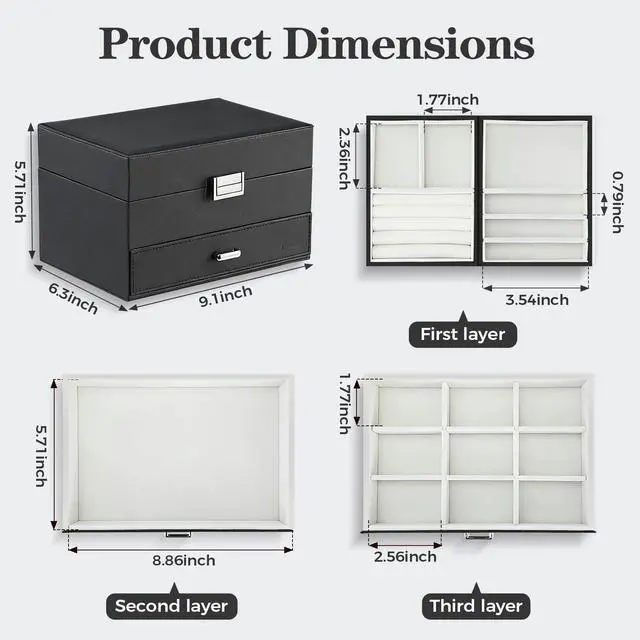 Alt view image 3 of 7 - Dajasan Jewelry Organizer Box, Large Jewelry Boxes for Women Girls, Space-Saving 3 Layers Jewelry Storage Case with Drawer, Movable Metal Stand, Modern, Gift Idea (Black)