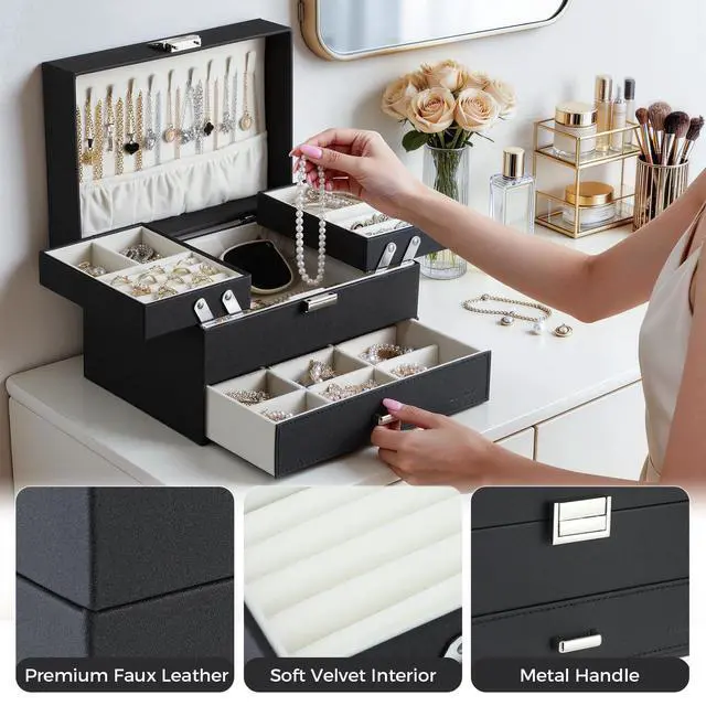 Alt view image 5 of 7 - Dajasan Jewelry Organizer Box, Large Jewelry Boxes for Women Girls, Space-Saving 3 Layers Jewelry Storage Case with Drawer, Movable Metal Stand, Modern, Gift Idea (Black)
