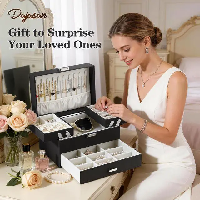 Alt view image 7 of 7 - Dajasan Jewelry Organizer Box, Large Jewelry Boxes for Women Girls, Space-Saving 3 Layers Jewelry Storage Case with Drawer, Movable Metal Stand, Modern, Gift Idea (Black)