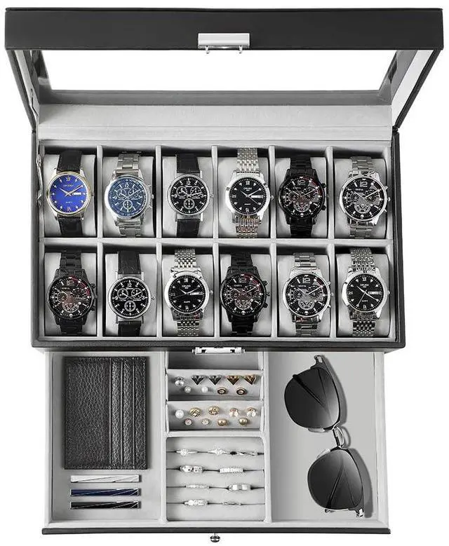 Main image of GUKA Watch Box Organizer for Men Gift, 12 Slot Watch Case with Glass Lid, 2 Tier Leather Watch Display Storage Box for Watches, Jewelry, Rings, Sunglasses & Accessories