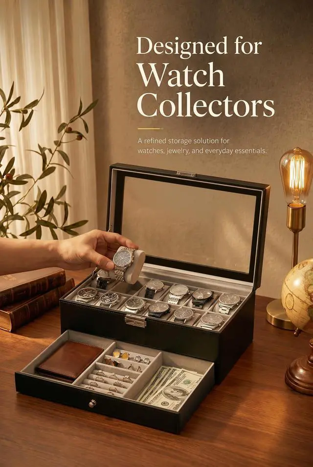 Alt view image 2 of 7 - GUKA Watch Box Organizer for Men Gift, 12 Slot Watch Case with Glass Lid, 2 Tier Leather Watch Display Storage Box for Watches, Jewelry, Rings, Sunglasses & Accessories