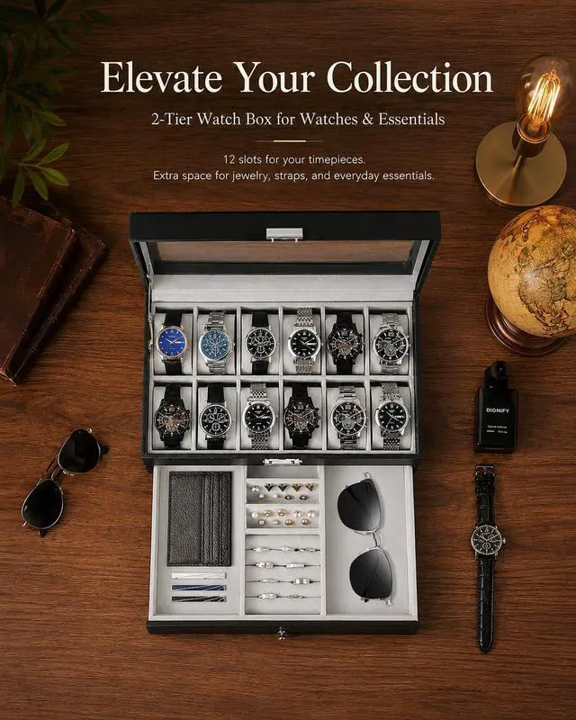 Alt view image 3 of 7 - GUKA Watch Box Organizer for Men Gift, 12 Slot Watch Case with Glass Lid, 2 Tier Leather Watch Display Storage Box for Watches, Jewelry, Rings, Sunglasses & Accessories