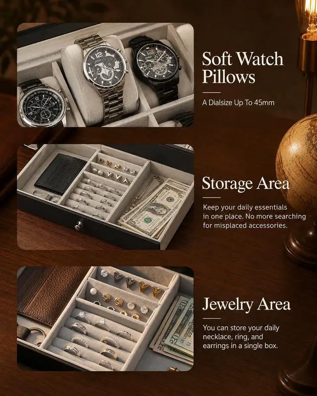 Alt view image 4 of 7 - GUKA Watch Box Organizer for Men Gift, 12 Slot Watch Case with Glass Lid, 2 Tier Leather Watch Display Storage Box for Watches, Jewelry, Rings, Sunglasses & Accessories