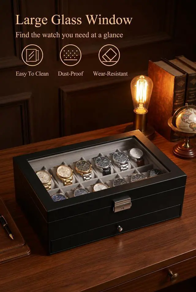 Alt view image 5 of 7 - GUKA Watch Box Organizer for Men Gift, 12 Slot Watch Case with Glass Lid, 2 Tier Leather Watch Display Storage Box for Watches, Jewelry, Rings, Sunglasses & Accessories