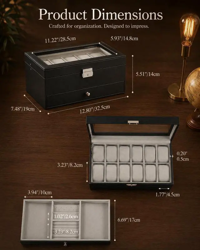 Alt view image 6 of 7 - GUKA Watch Box Organizer for Men Gift, 12 Slot Watch Case with Glass Lid, 2 Tier Leather Watch Display Storage Box for Watches, Jewelry, Rings, Sunglasses & Accessories