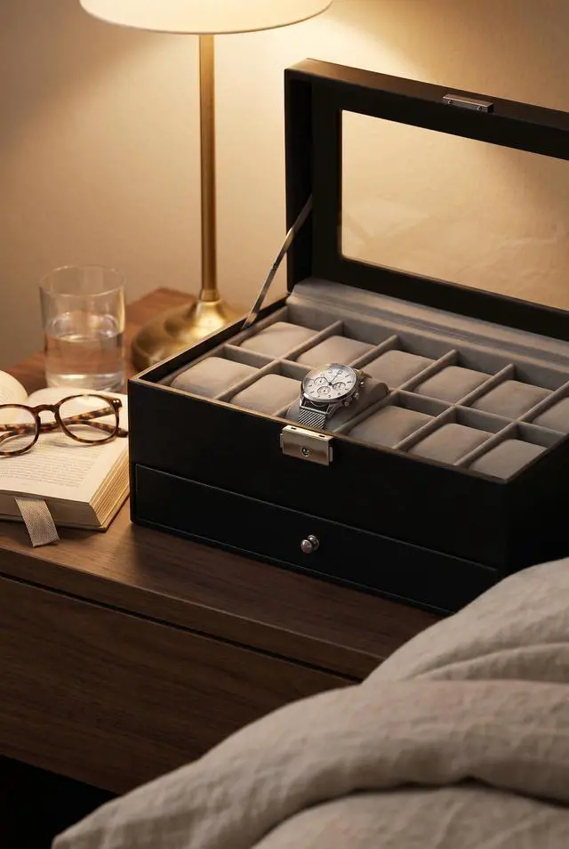 Alt view image 7 of 7 - GUKA Watch Box Organizer for Men Gift, 12 Slot Watch Case with Glass Lid, 2 Tier Leather Watch Display Storage Box for Watches, Jewelry, Rings, Sunglasses & Accessories