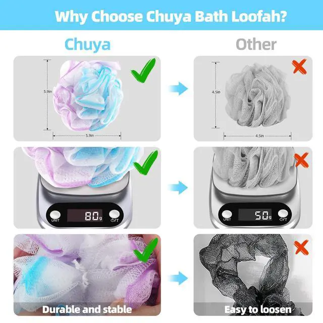 Alt view image 3 of 7 - Chuya Bath Loofahs Sponges 80g XL Size,4 Pack Shower Sponge Exfoliating Cleaning Bath Loofa Body Scrubber Balls for Family Washing