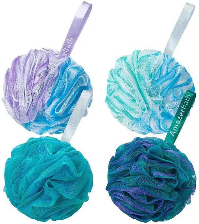 Main image of AmazerBath Loofah Sponge 75g/Piece, Exfoliating Bath Sponge Body Scrubber - Loofa Set of 4 Flower Color (Large, Green-Purple)