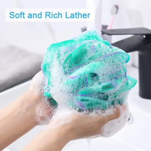 Alt view image 2 of 7 - AmazerBath Loofah Sponge 75g/Piece, Exfoliating Bath Sponge Body Scrubber - Loofa Set of 4 Flower Color (Large, Green-Purple)