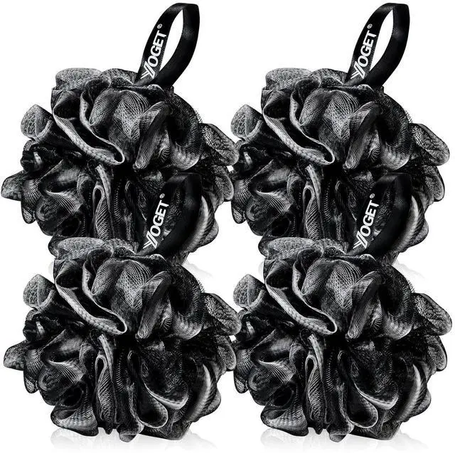 Main image of Yoget Bath Loofah Sponge, 4 Pack Black 60G Shower Mesh Ball Soft Pouf Body Scrubber, Exfoliate, Cleanse, Soothe Skin, Black Loofah with White Trim