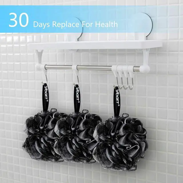 Alt view image 5 of 7 - Yoget Bath Loofah Sponge, 4 Pack Black 60G Shower Mesh Ball Soft Pouf Body Scrubber, Exfoliate, Cleanse, Soothe Skin, Black Loofah with White Trim