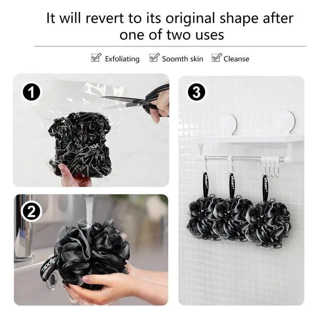 Alt view image 7 of 7 - Yoget Bath Loofah Sponge, 4 Pack Black 60G Shower Mesh Ball Soft Pouf Body Scrubber, Exfoliate, Cleanse, Soothe Skin, Black Loofah with White Trim