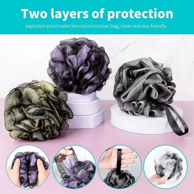 Alt view image 4 of 7 - BCKENEY Bath Loofah Shower Sponge Body Back Scrubber Soft Mesh Shower Puffs Exfoliating Loofa for Women & Men Bath Accessories Cleaning Tool (Pack of 4 60G Loofah, Dark Elf)