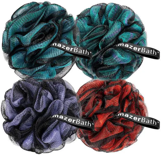 Main image of AmazerBath Charcoal Loofah Sponge, Shower Loofah 60g/PCS - Body Scrubber Loofa Set of 4 - Charcoal Blue, Green, Purple & Red, Bath Sponge for Men and Women
