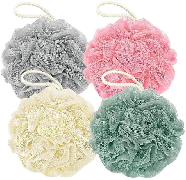 Main image of Rnoafmu Shower Loofah Bath Sponge, 60G Loofah Exfoliating Body Scrubber, 4 Color Mesh Shower Pouf Balls for Body Wash (Pink Green White Gray)