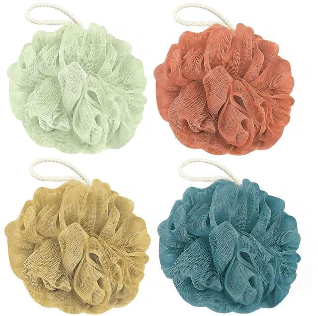 Main image of Rnoafmu Shower Loofah Bath Sponge, 60G Loofah Exfoliating Body Scrubber, 4 Color Mesh Shower Pouf Balls for Body Wash (Yellow Red Green Blue)