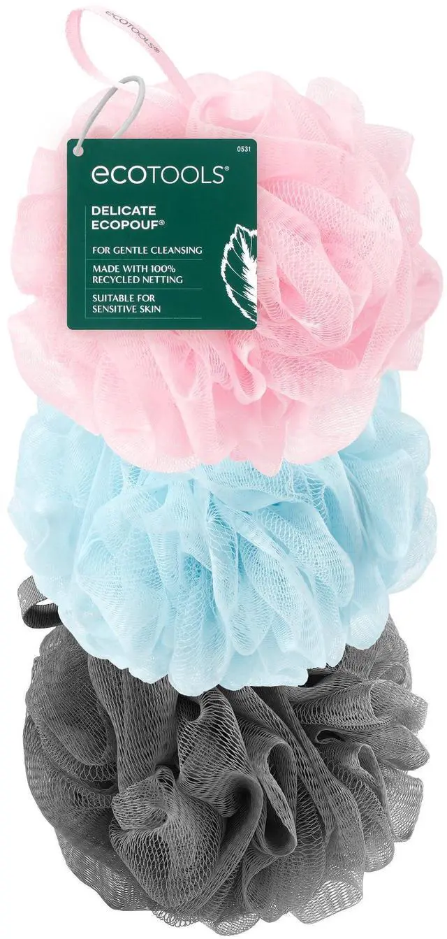 Main image of EcoTools EcoPouf 3 Pack Bath Sponge Set, Soft Recycled Netting Shower Poufs for Gentle Exfoliating & Daily Body Cleansing, Rich Lather Loofah Sponges, Vegan & Cruelty-Free