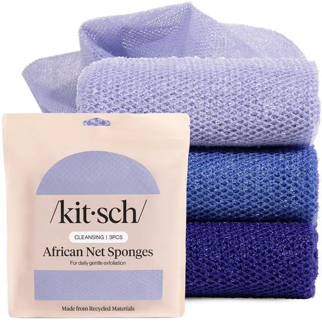 Main image of Kitsch African Net Sponge Exfoliating Body Scrubber for Cleansing & Gentle Daily Exfoliation Stretchable Bath Sponge for Hard-to-Reach Areas, Long-Lasting Shower Essential - Ocean Blue, 3 Pcs