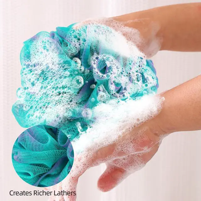 Alt view image 2 of 6 - Fu Store Loofah Sponge Shower Loofahs 80g Bath Sponges Mesh Balls 4 Colors Body Scrubber Exfoliator Wash Back Scrubber Bathroom Men Women 4 Pack Scrubbers Cleaning Bathing Accessories