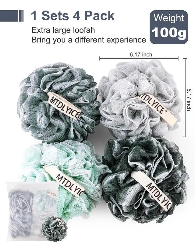 Alt view image 3 of 7 - MTDLYICE Loofah Sponge, XXL Large Loofah 100g 4 Pack, Bath Sponge Soft Mesh Shower Loofah for Men, Body Scrub, Shower Pouf Bath Accessories, for Body Wash, Soap (Blue Gray)