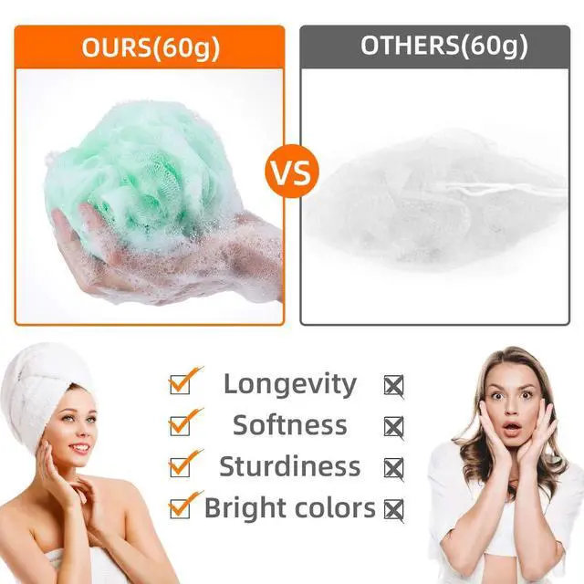 Alt view image 3 of 6 - Novosun Loofah Bath Sponge Luffa Loofa Body Scrubber Soft Mesh Pouf Wash Puff Shower Puff Shower Ball Exfoliating Shower Sponge Pack of 4 (60g/pcs)