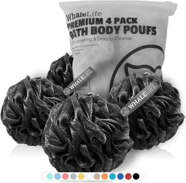 Main image of WhaleLife Loofah Bath Sponges - Black Gentle Exfoliating Shower Loofah for Rich Lather, Durable Mesh Body Scrubber for Men & Women 4 Pack