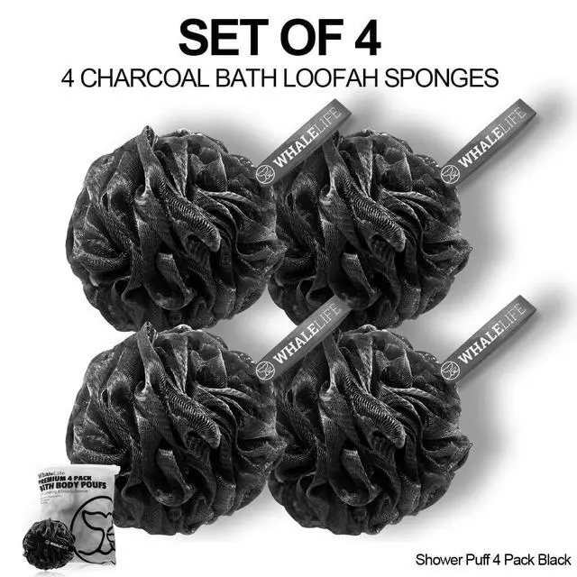 Alt view image 2 of 7 - WhaleLife Loofah Bath Sponges - Black Gentle Exfoliating Shower Loofah for Rich Lather, Durable Mesh Body Scrubber for Men & Women 4 Pack