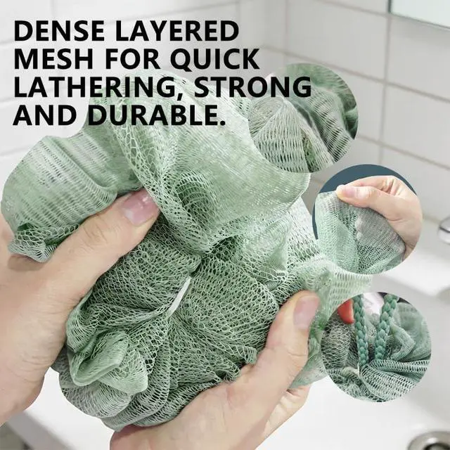 Alt view image 3 of 6 - Bath Shower Loofah Sponge Mesh Poufs Body Scrubber Back Wash Exfoliator Bathing Puff Men Women 4 Pack