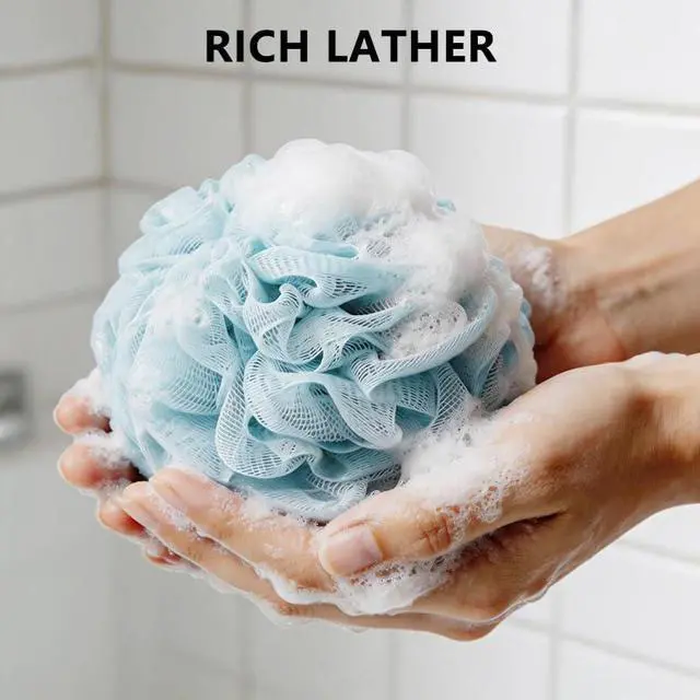 Alt view image 4 of 6 - Bath Shower Loofah Sponge Mesh Poufs Body Scrubber Back Wash Exfoliator Bathing Puff Men Women 4 Pack