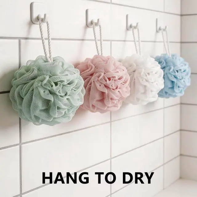Alt view image 5 of 6 - Bath Shower Loofah Sponge Mesh Poufs Body Scrubber Back Wash Exfoliator Bathing Puff Men Women 4 Pack