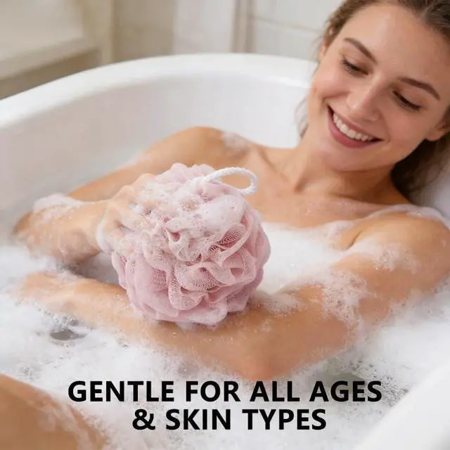 Alt view image 6 of 6 - Bath Shower Loofah Sponge Mesh Poufs Body Scrubber Back Wash Exfoliator Bathing Puff Men Women 4 Pack