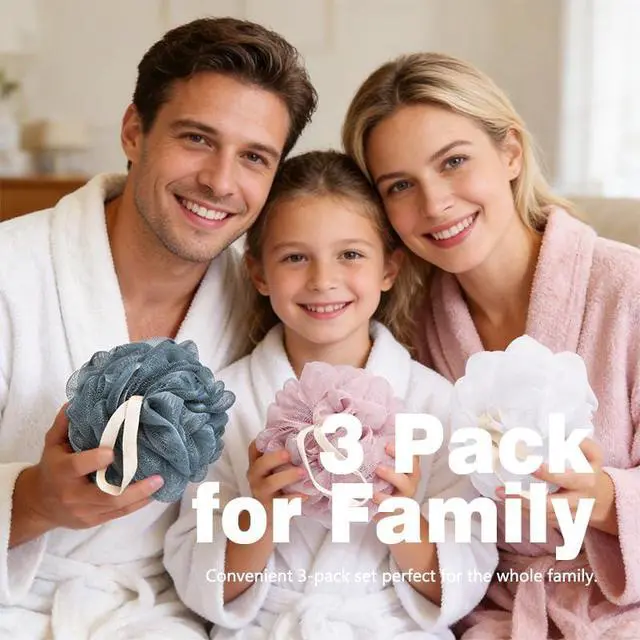 Alt view image 5 of 5 - Bath Loofah Sponge 3 Pack Mesh Shower Poufs Body Wash Exfoliator Soft Bath Puff Shower Accessories for Men Women