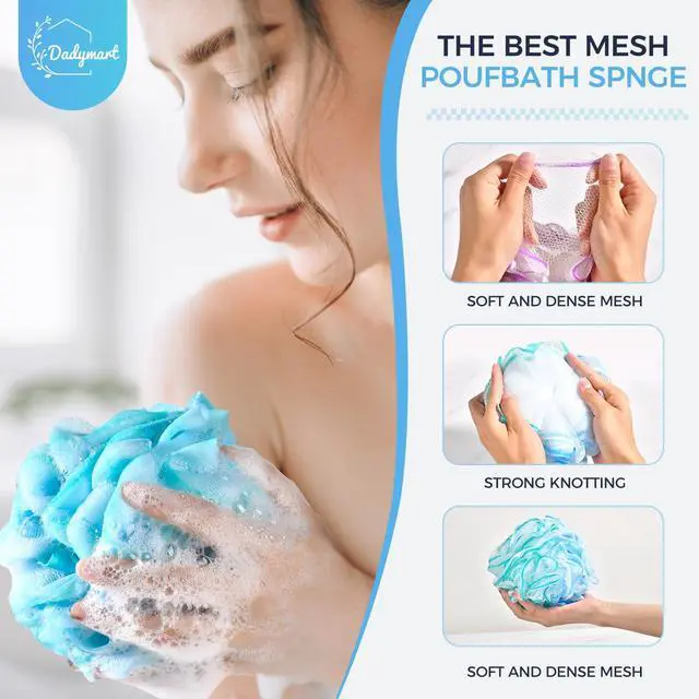 Alt view image 4 of 7 - DadyMart Shower Loofah Sponge Pouf XL Exfoliating Bath Puff Body Scrubber, Soft Mesh Shower Sponge with Reinforced Knot, Rich Lather, Set of 4 for Women and Men