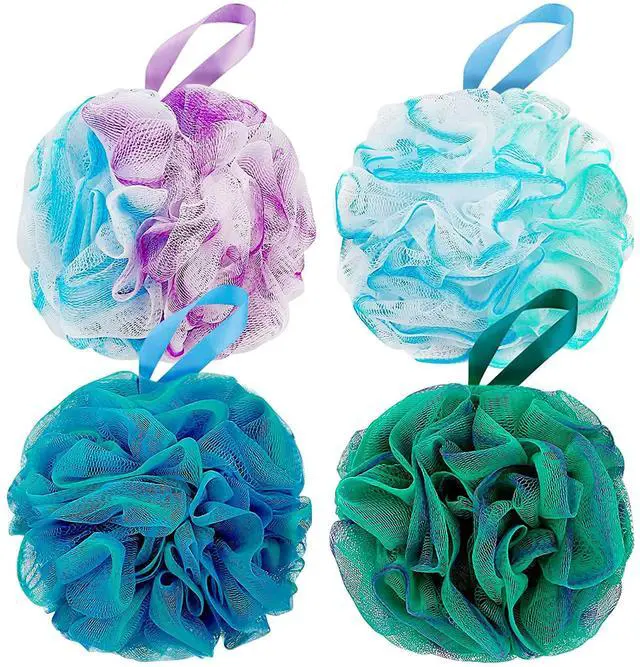 Main image of DadyMart Shower Loofah Sponge Pouf XL Exfoliating Bath Puff Body Scrubber, Soft Mesh Shower Sponge with Reinforced Knot, Rich Lather, Set of 4 for Women and Men