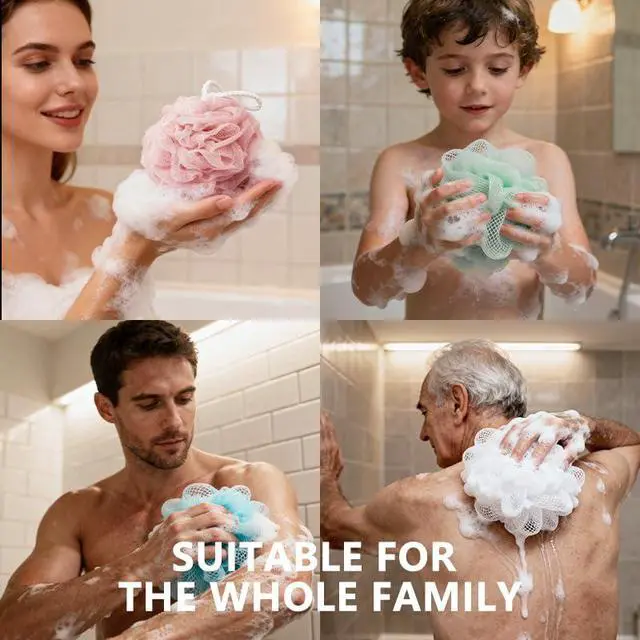 Alt view image 6 of 6 - Shower Loofah Sponge for Men Women Loofah Exfoliating Body Scrubber 4 Color Mesh Shower Pouf Balls for Body Wash