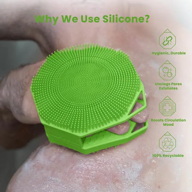 Alt view image 3 of 6 - iTokGoK® Premium Silver-Infused Double-Sided Design 2-in-1 Silicone Body Scrubber for Men,Body Buffer Scrubber for Sensitive Skin, Ergonomic No-Slip Handle, Long-Lasting & Easy to Clean - Green