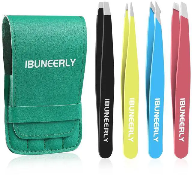 Main image of iBuneerly Eyebrows Tweezers Set, 4Pcs Stainless Steel Tweezers for Women with Travel Case, Great Precision for Ingrown Hair, Facial Hair and Splinter Removal