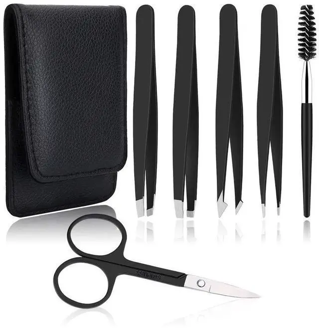 Main image of 6 PCS Professional Tweezers Set - Stainless Steel Precision Tweezer Kit for Eyebrows, Facial Hair, Ingrown Hair & Splinter Removal with Travel Case (Black)