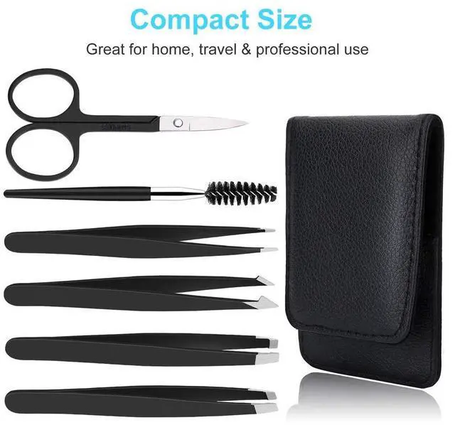Alt view image 2 of 7 - 6 PCS Professional Tweezers Set - Stainless Steel Precision Tweezer Kit for Eyebrows, Facial Hair, Ingrown Hair & Splinter Removal with Travel Case (Black)