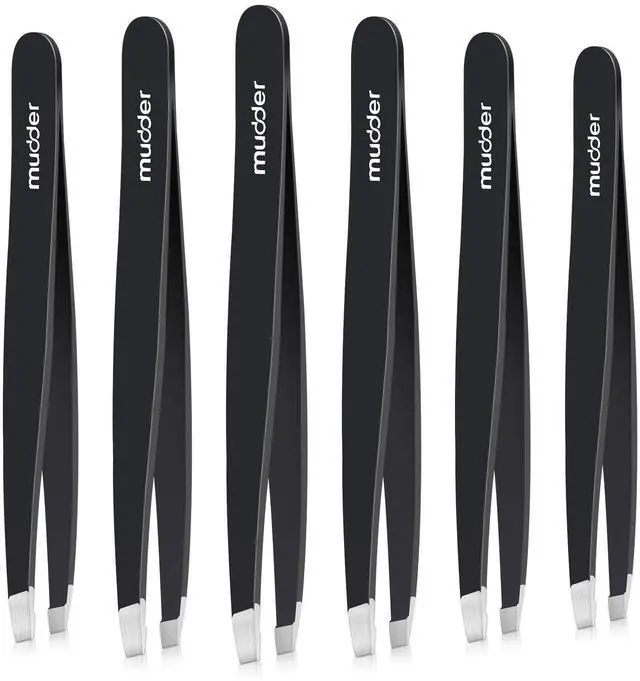 Main image of Mudder 6 Pcs Eyebrow Tweezers Set for Facial Hair Stainless Steel Slanted Tip Tweezers in Bulk for Men and Women (Black)