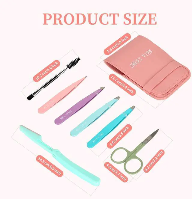 Alt view image 3 of 7 - SWEET VIEW 7pcs Eyebrow Tweezers Kit for Women Precision Plucker with Brow Scissors & Razor & Spoolie for Facial, Chin, Brow, Splinter and Ingrown Hair