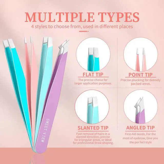 Alt view image 2 of 7 - SWEET VIEW 7pcs Eyebrow Tweezers Kit for Women Precision Plucker with Brow Scissors & Razor & Spoolie for Facial, Chin, Brow, Splinter and Ingrown Hair