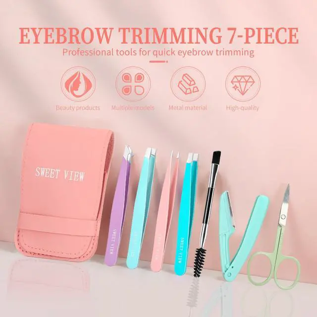 Alt view image 7 of 7 - SWEET VIEW 7pcs Eyebrow Tweezers Kit for Women Precision Plucker with Brow Scissors & Razor & Spoolie for Facial, Chin, Brow, Splinter and Ingrown Hair