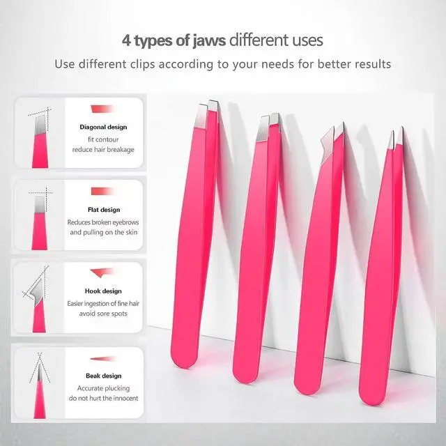 Alt view image 6 of 7 - Derlaier Tweezers Set Professional High Precision Stainless Steel Eyebrow Remover Ingrown Hair & Splinter Removal Kit Facial Hair Grooming Tools for Men Women Pink 4 Pcs