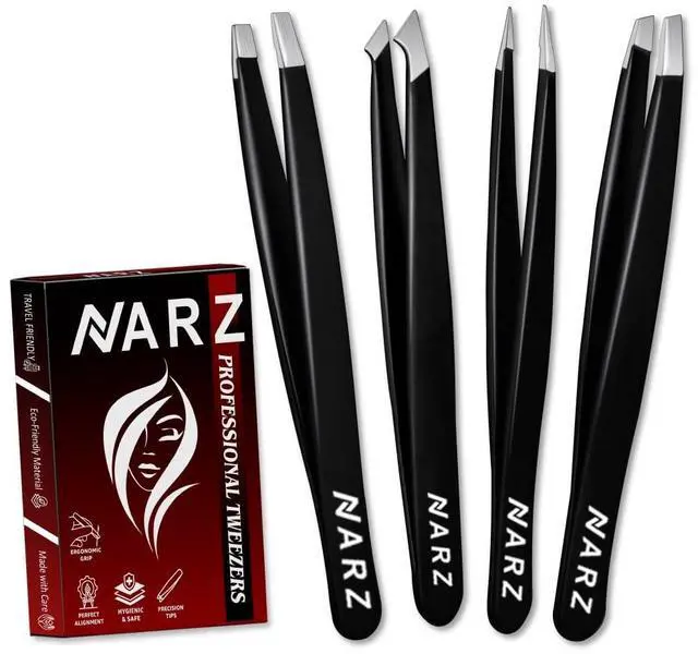 Main image of 4Pcs Professional Tweezers for Women Facial Hair Stainless Steel Precision Tweezers for Ingrown Hair Eyebrow Tweezer for Men & Women (Black Set)