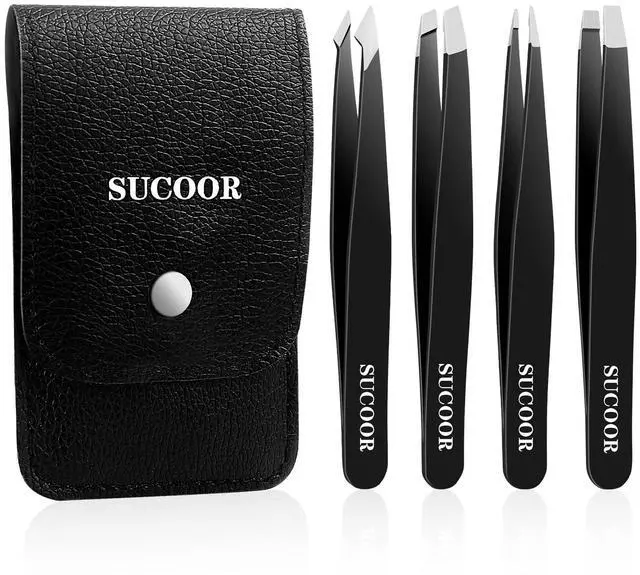 Main image of SUCOOR Tweezers for Women Facial Hair, 4Pcs Professional Beauty Tools Stainless Steel Precision Eyebrow Tweezers for Splinter Blackhead and Ingrown Hair Removal, Black