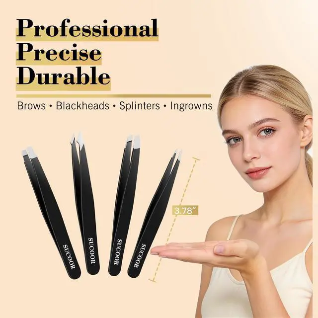 Alt view image 6 of 7 - SUCOOR Tweezers for Women Facial Hair, 4Pcs Professional Beauty Tools Stainless Steel Precision Eyebrow Tweezers for Splinter Blackhead and Ingrown Hair Removal, Black