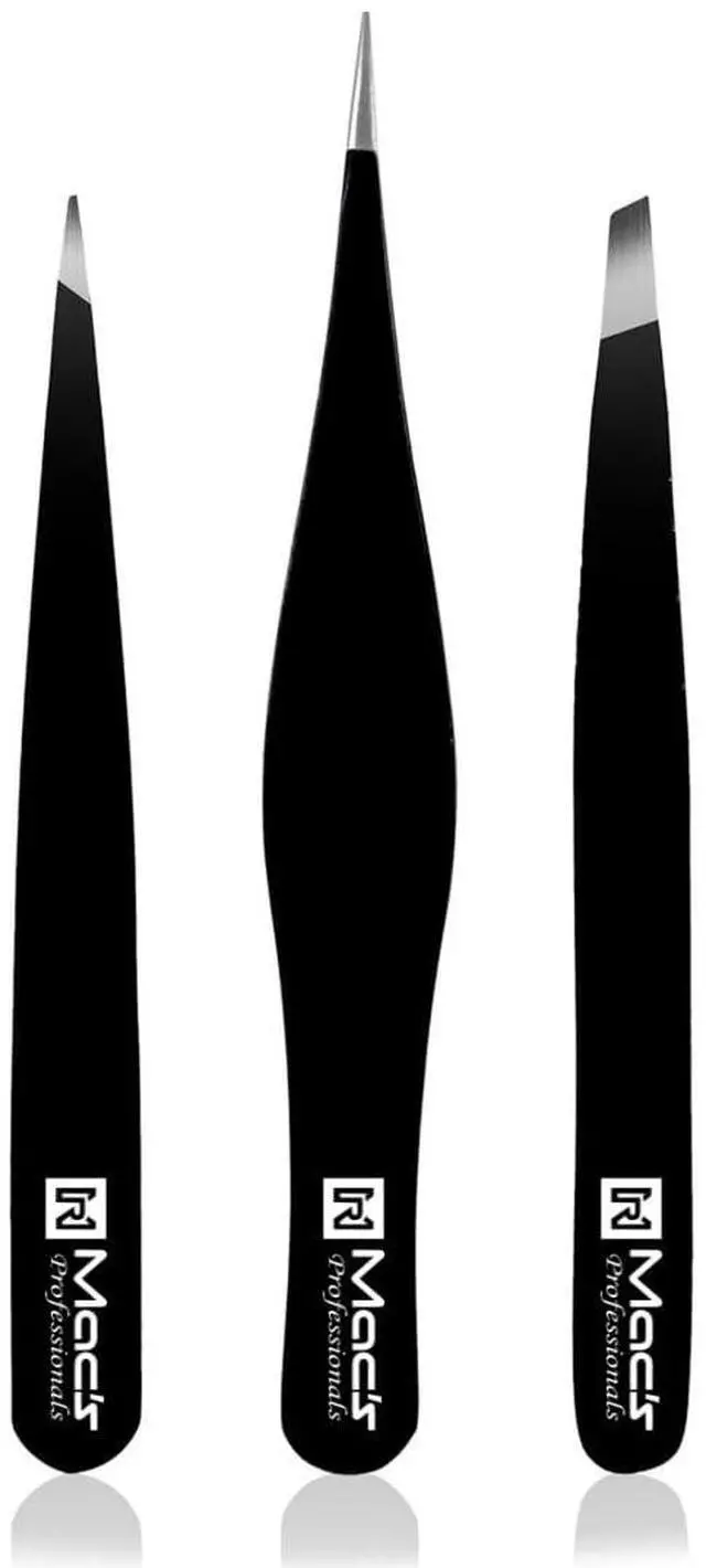 Main image of Macs Tweezers set for Women and men Facial Hair, Ingrown Hair -Best for Eyebrow Hair, Facial Hair Removal - Stainless Steel Precision Sharp- Pointy Ends Meet Perfectly. (3 PCs Black Tweezers Set)